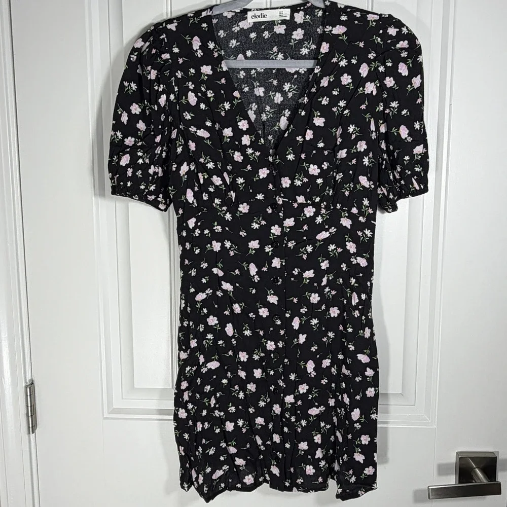 Elodie Women's XS Black Pink Floral Button Front Puff Sleeve Mini Dress